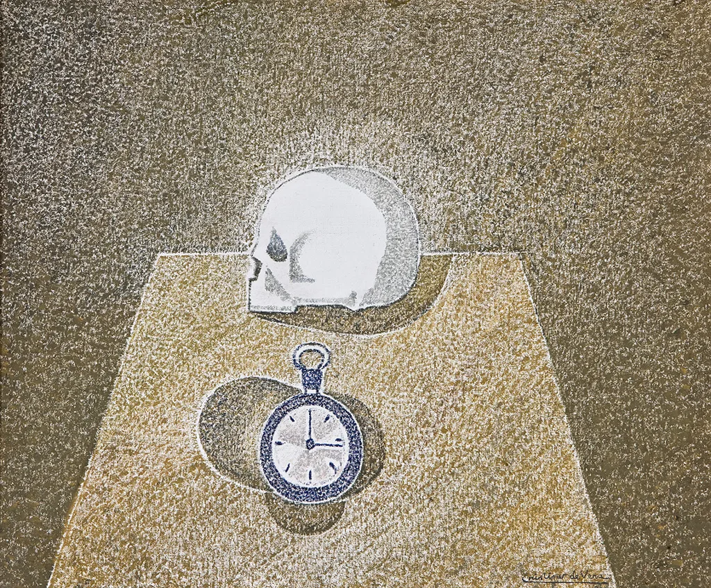 Cristino de Vera. Craneo y reloz de bolsillo. 54x65 cm. El arte contemporáneo evoluciona de manera vertiginosa a mediados de los ochenta, de igual forma lo hacen la fotografía y el video como disciplinas artísticas, amplificando su presencia oficial en instituciones públicas, museos y galerías. Jaime R. Sordo hace lo mismo y en 1996 comienza a incorporar a su colección fotografía y video, ocupando en estos momentos la parte más activa y palpitante de la colección.