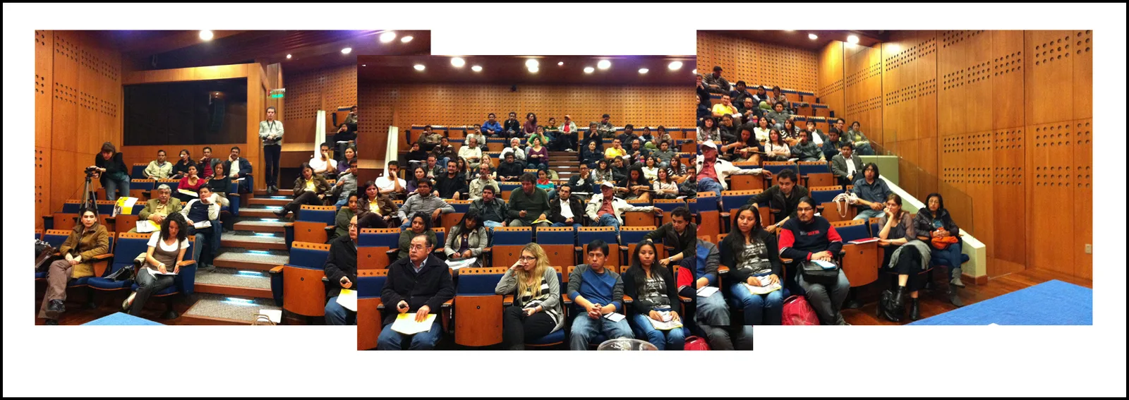 Auditorio durante la conferencia, imagen realizada con Iphone4 El visionado (revisión de trabajos) ofrece a los veinte fotógrafos seleccionados, residentes en América Latina la oportunidad de presentar sus fotografías a comisarios y editores internacionales especializados. “Va a ser una reunión profesional en la cual se les va a sugerirá aconsejar y comentar sobre sus trabajos de manera que éstos sean mejorados. Es una actividad profesional que se desarrolla a puerta cerrada. El objetivo es lograr que Latinoamérica tenga una presencia más fuerte en las exposiciones que se hacen en España”, explicó la directora de PHotoEspaña, Claude Bussac. Todos los fotógrafos participantes en La Paz, junto a los seleccionados en Santo Domingo y Madrid optarán al Premio Descubrimientos, que consiste en la concesión de una exposición en solitario que se incluirá en la programación PHotoEspaña 2013. Paralelamente, los jurados dictarán conferencias dirigidas al público en general, sobre la fotografía profesional y sus propias experiencias. Las charlas comenzarán el miércoles 23 y se realizarán en la CAF (Corporación Andina de Fomento).